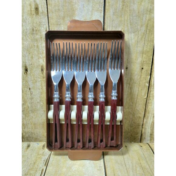 VTG 50s Stanley Deluxe Steak Fork Set Of 6 w/Tray MCM - Picture 1 of 9